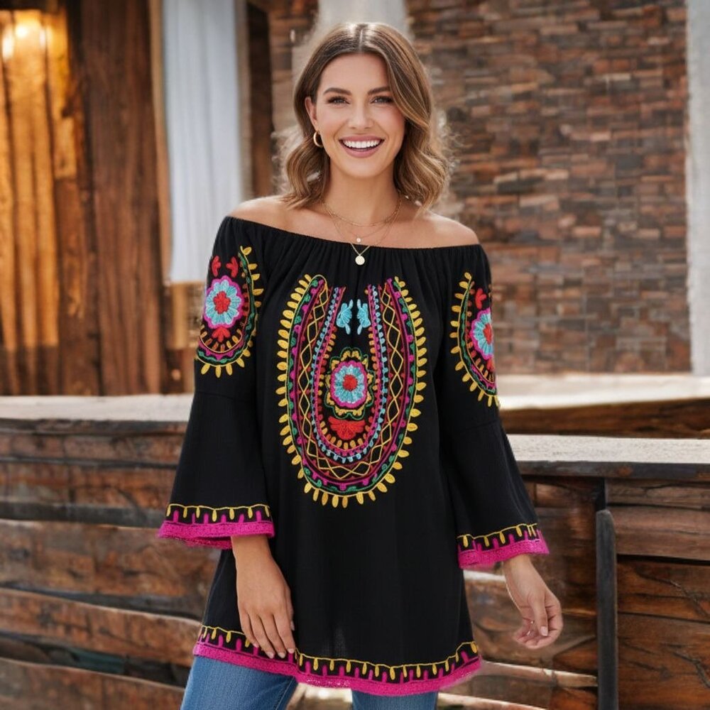 Anthropologie Cute Options Boho Tunic Top Embroidery Floral Bell Sleeve Pullover